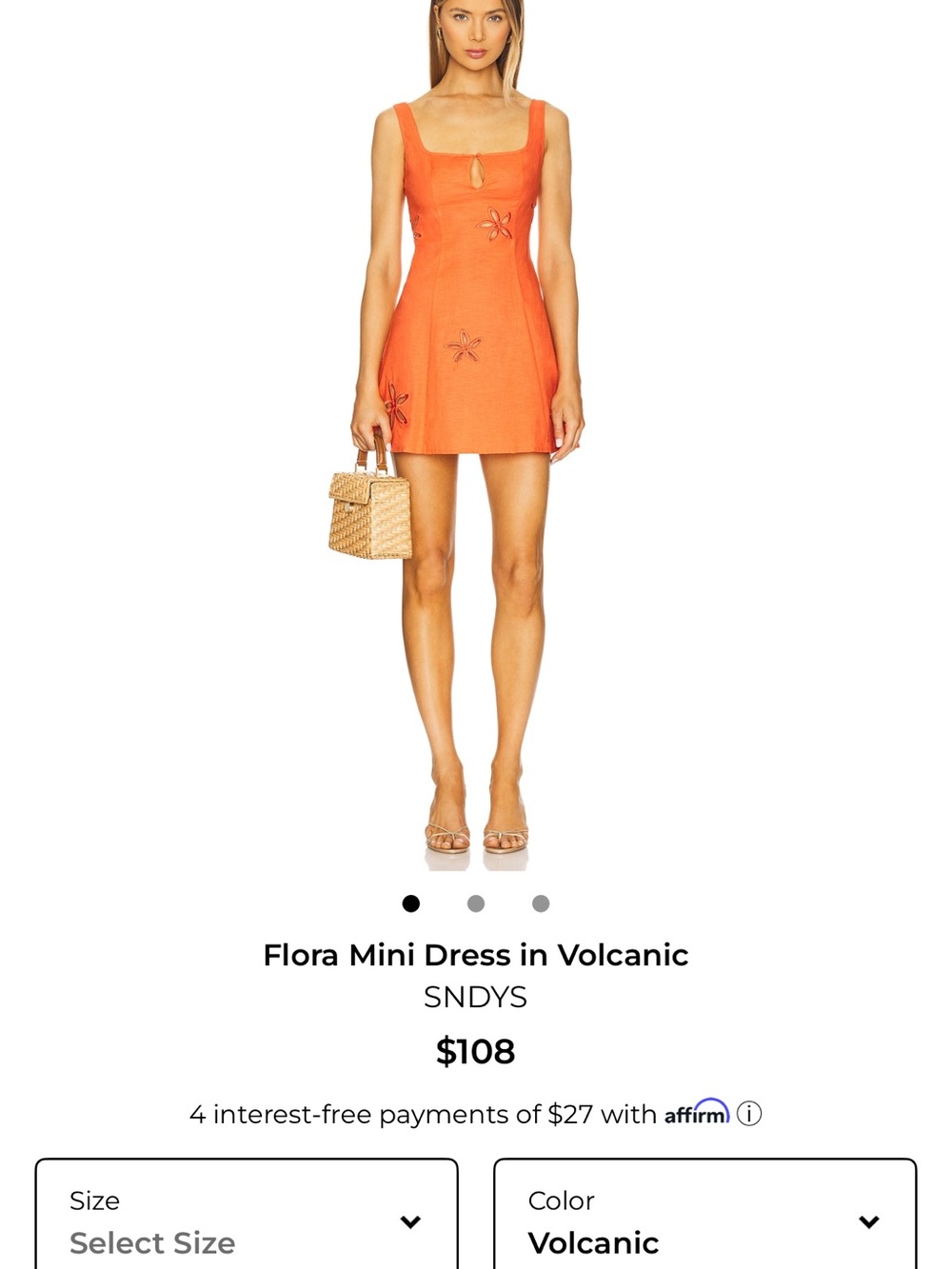 Floral-Embroidered Square Neck Mini Dress in Orange